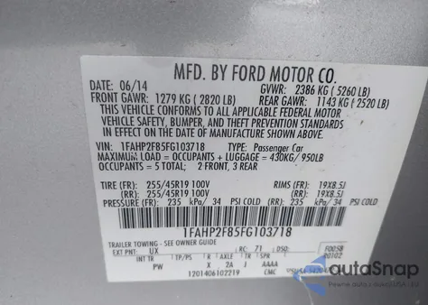 2015 Ford Taurus Limited z USA, uszkodzony, nr VIN 1FAHP2F85FG103718